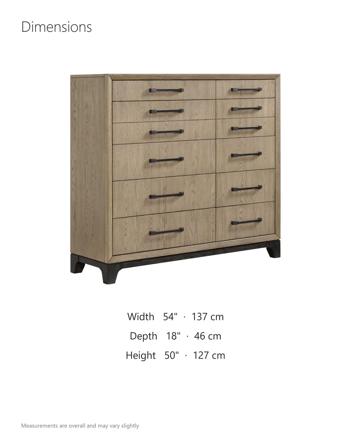 Sappada 54-Inch Caramel Oak and Cocoa 12-Drawer Chest dimensions: 54 in wide, 18 in deep, 50 in high