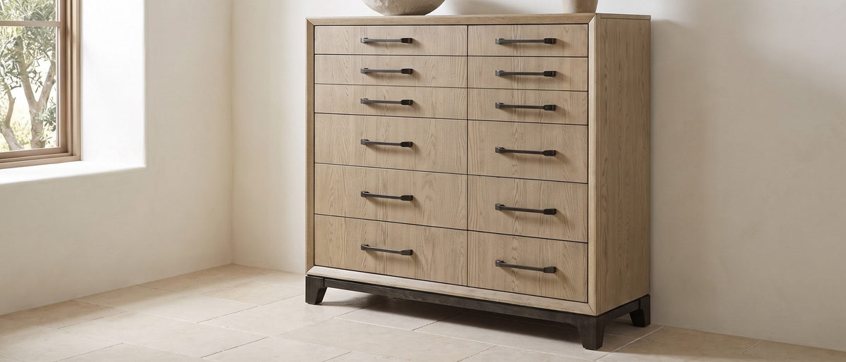 Sappada 54-Inch Caramel Oak and Cocoa 12-Drawer Chest in the room