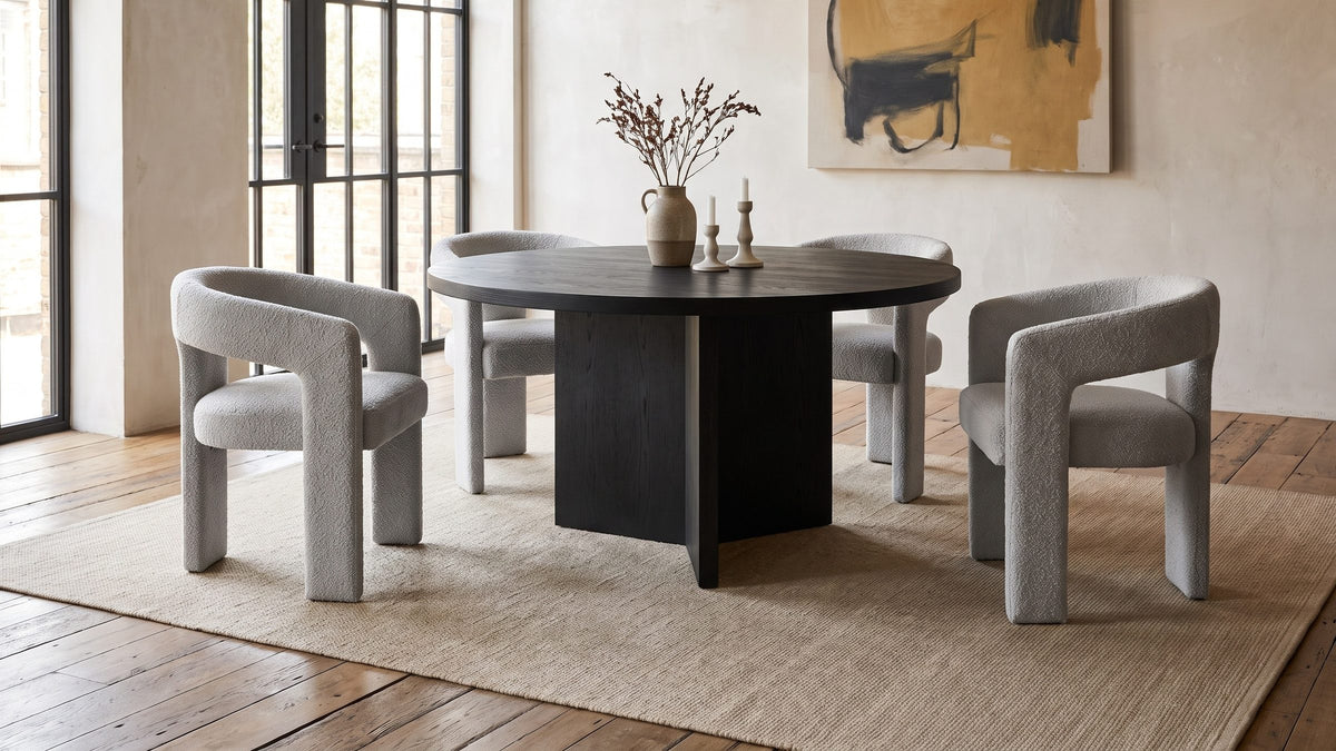 Ebony oak, pale grey boucle. - Saracena 54-Inch Round Ebony Oak Dining Set with 4 Boucle Chairs