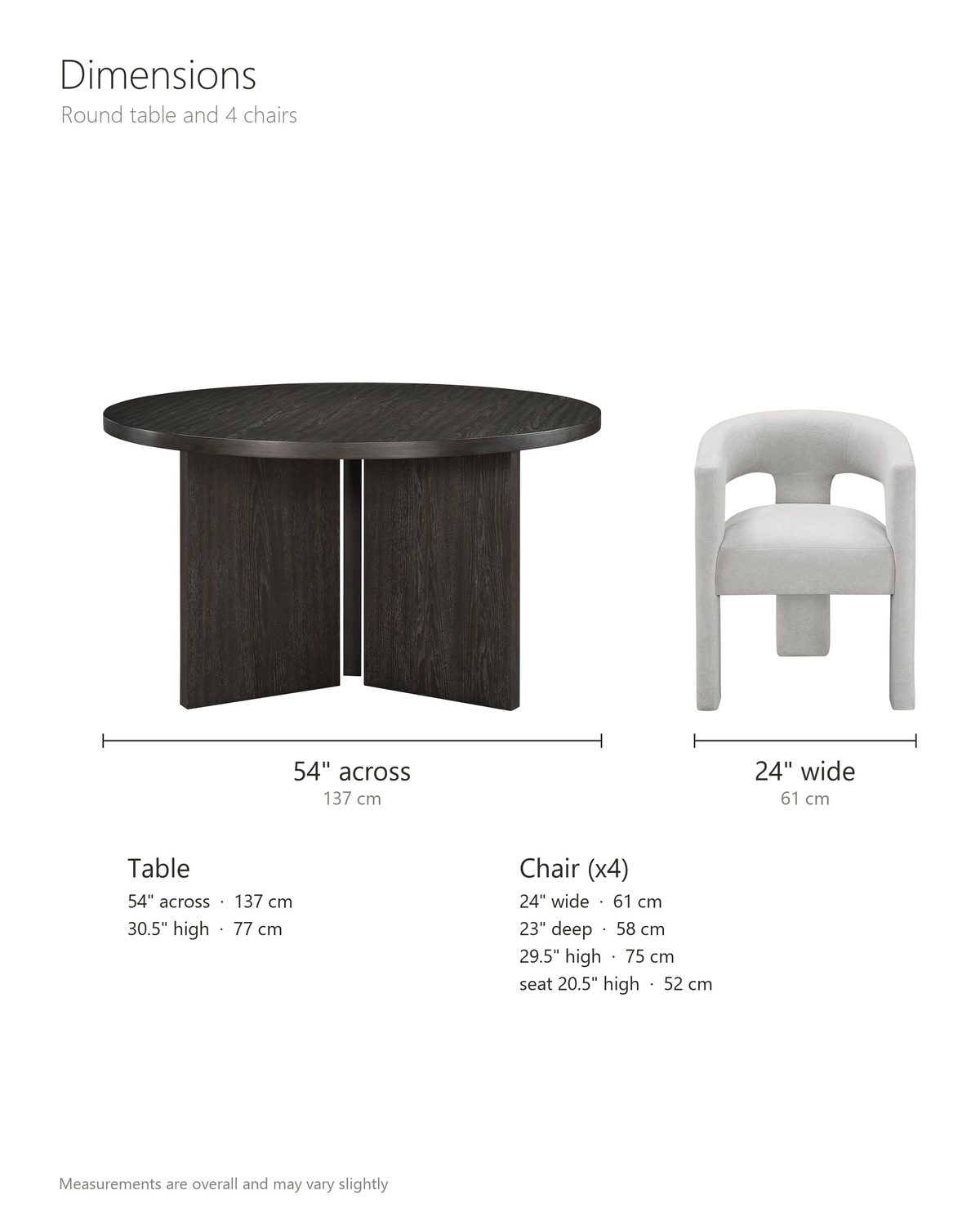 Saracena 54-Inch Round Ebony Oak Dining Set with 4 Boucle Chairs dimensions: table 54 in across and 30.5 in high; each chair 24 in wide, 23 in deep and 29.5 in high, seat 20.5 in high