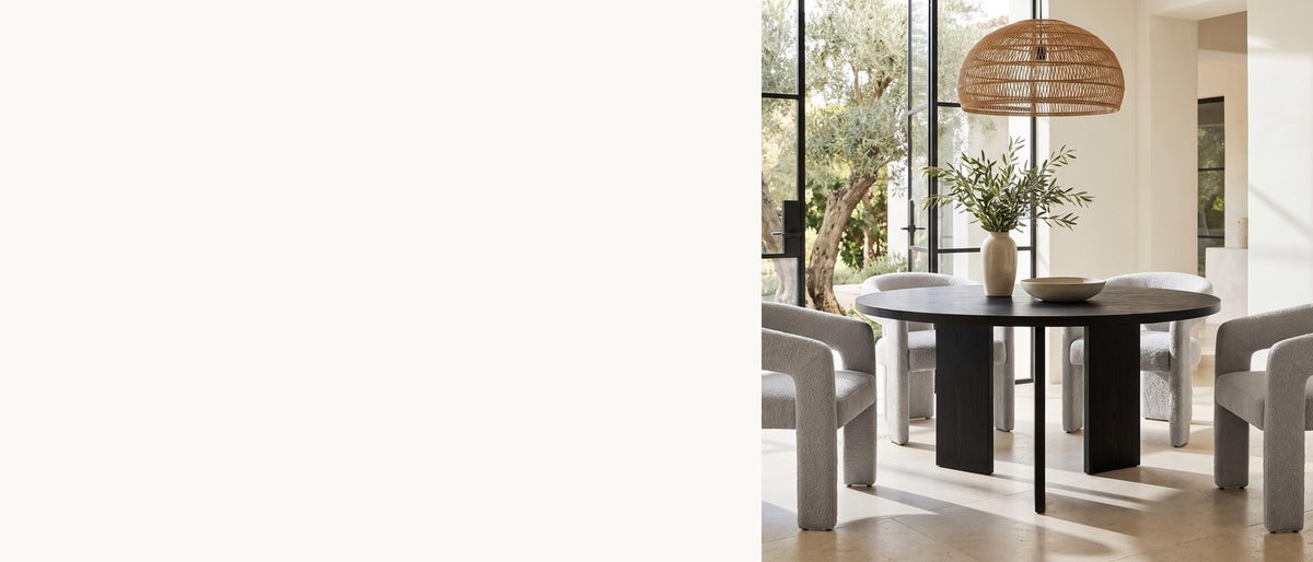 Three ebony blades, four boucle chairs. - Saracena 54-Inch Round Ebony Oak Dining Set with 4 Boucle Chairs
