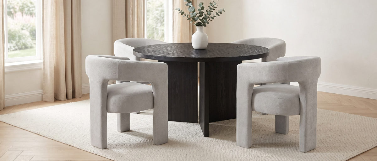 Saracena 54-Inch Round Ebony Oak Dining Set with 4 Boucle Chairs in the room
