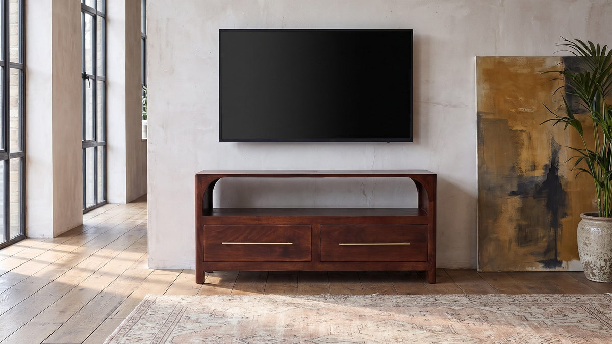 Deep red wood, pale walls. - Sarzana 47-Inch Winewood Solid Mango Arched Media Console