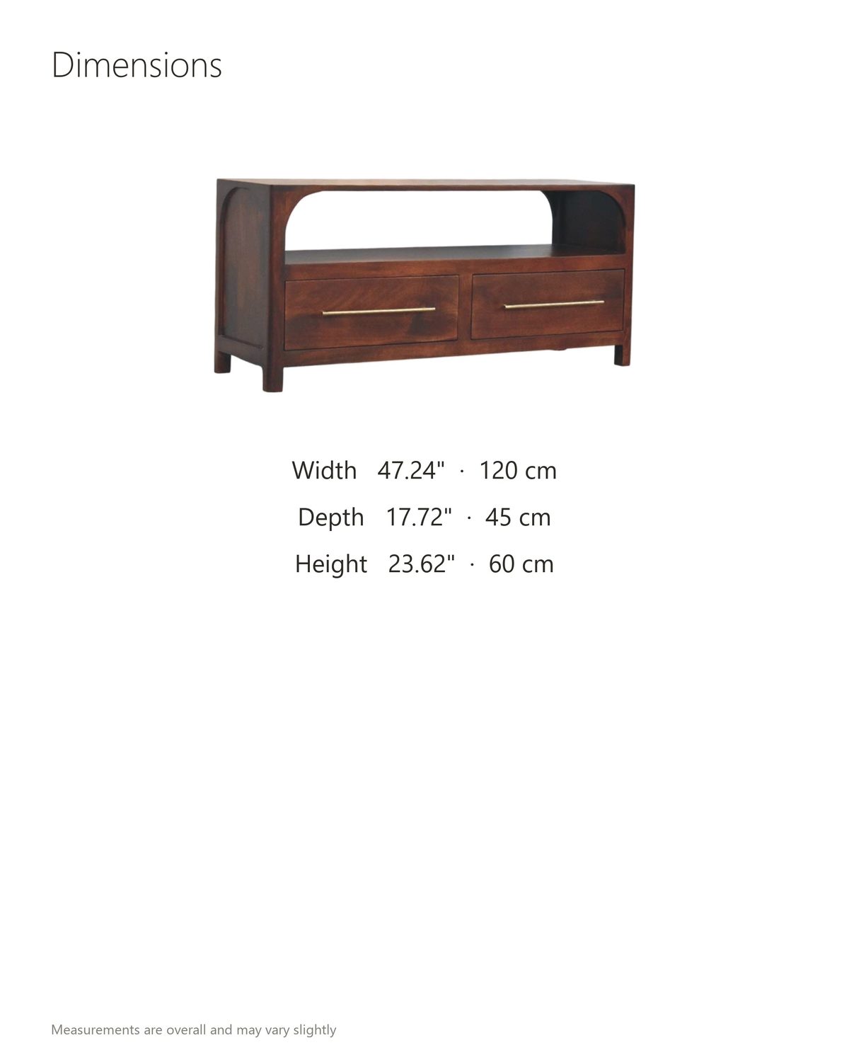 Sarzana 47-Inch Winewood Solid Mango Arched Media Console dimensions: 47.24 in wide, 17.72 in deep, 23.62 in high
