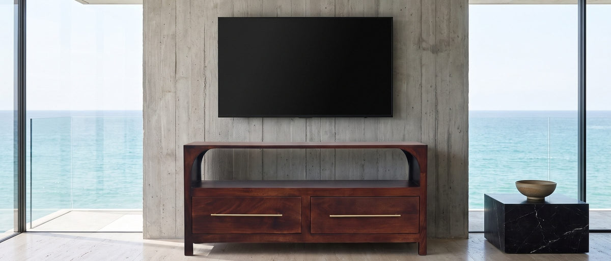 Sarzana 47-Inch Winewood Solid Mango Arched Media Console in the room