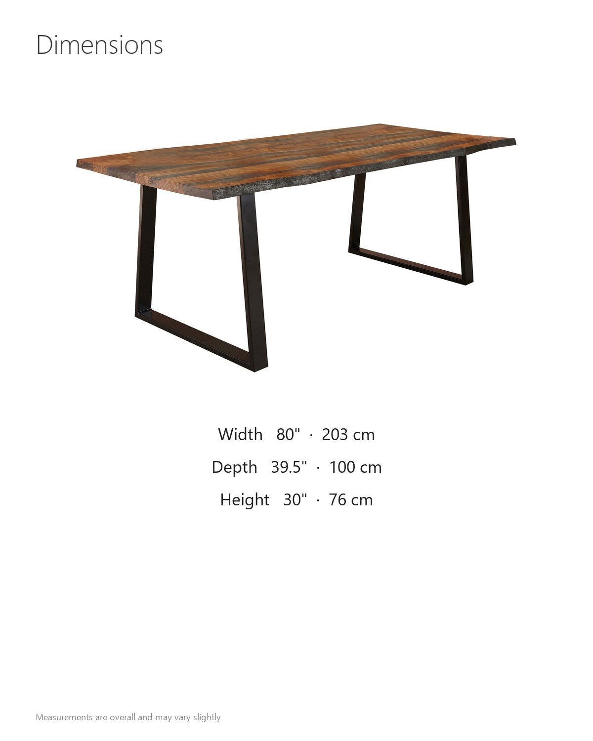 Satriano 80-Inch Live-Edge Rectangular Solid Sheesham Dining Table dimensions
