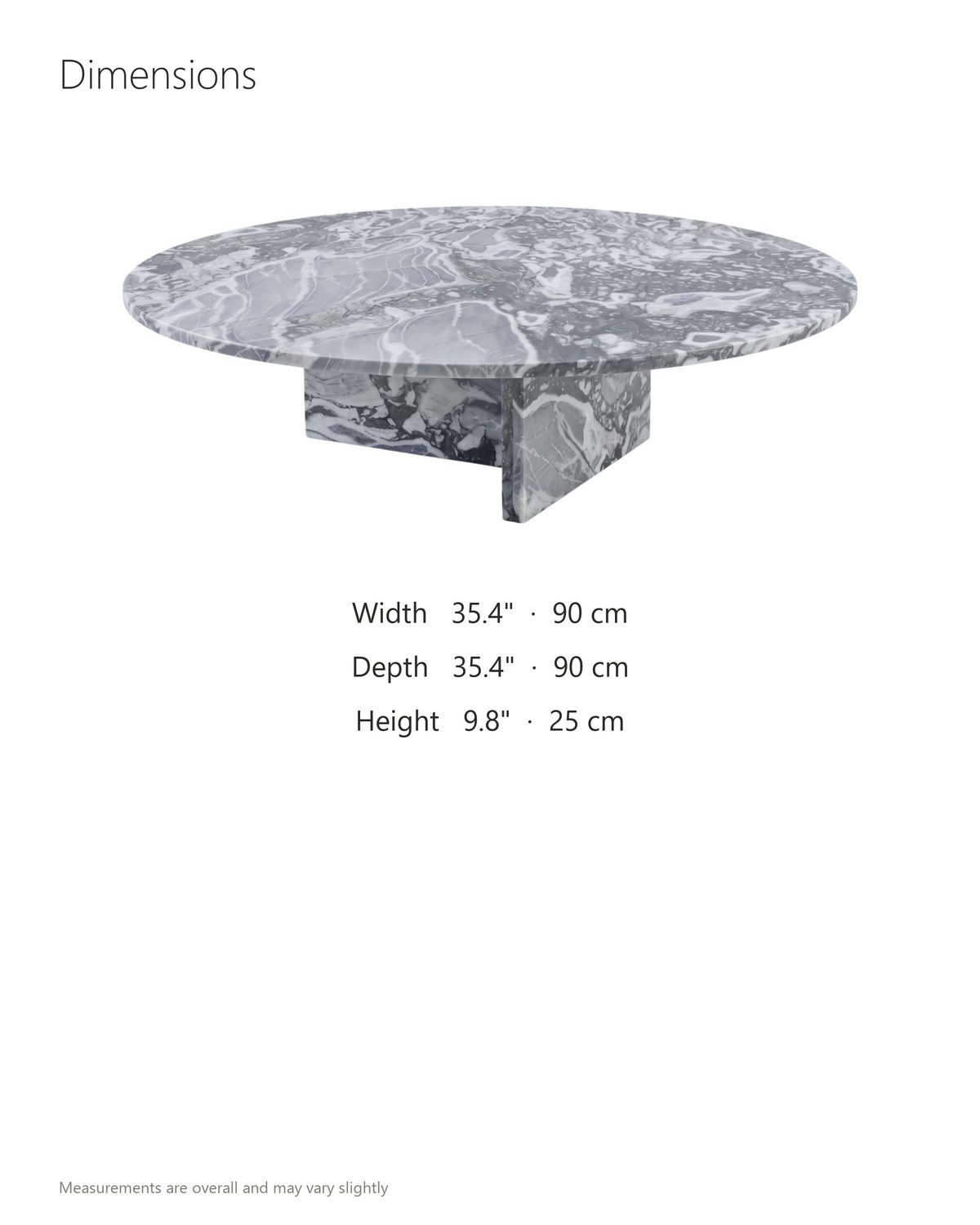 Saturnia Blue-Grey Marble Coffee Table dimensions: 35.4 in wide, 35.4 in deep, 9.8 in high