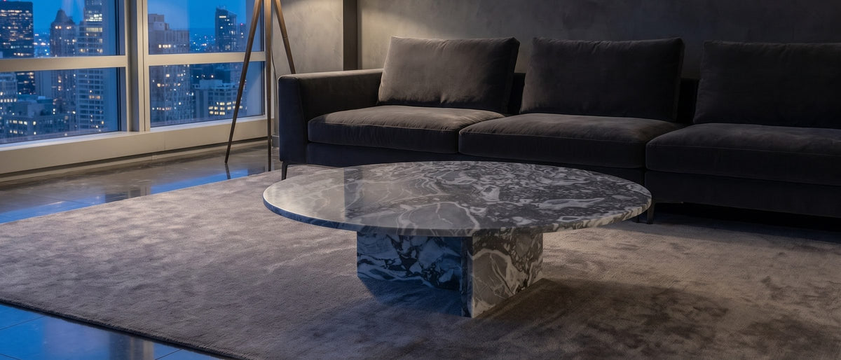 Saturnia Blue-Grey Marble Coffee Table in the room