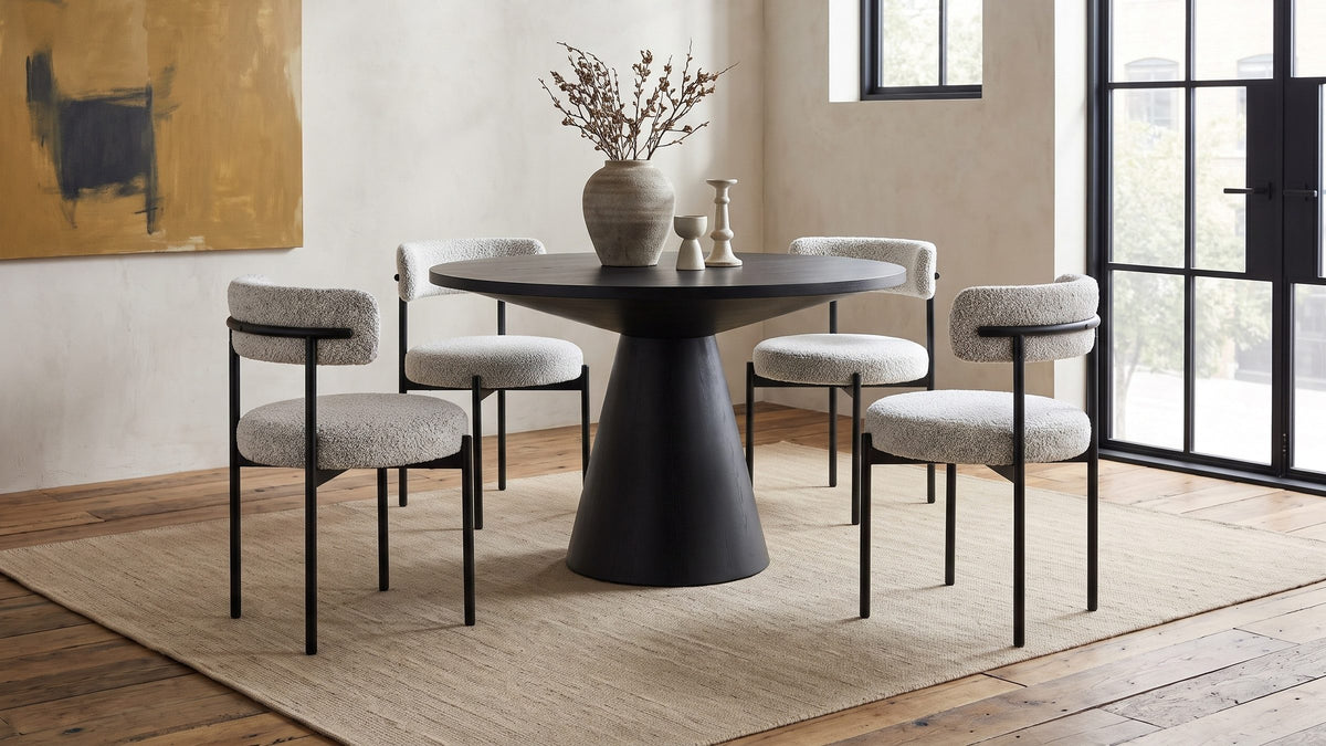 Ebony oak, flecked boucle. - Savelli 47-Inch Round Black Oak Pedestal Dining Set with 4 Boucle Chairs