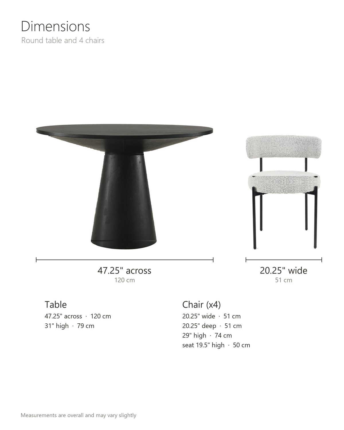 Savelli 47-Inch Round Black Oak Pedestal Dining Set with 4 Boucle Chairs dimensions: table 47.25 in across and 31 in high, pedestal 10 to 18 in across and 25 in high, top 1.1 in thick; each chair 20.25 in wide, 20.25 in deep and 29 in high, seat 19.5 in high