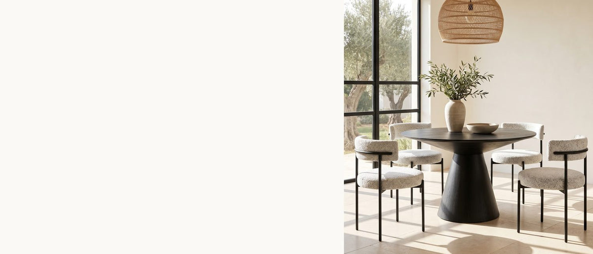 A black cone, four boucle curves. - Savelli 47-Inch Round Black Oak Pedestal Dining Set with 4 Boucle Chairs