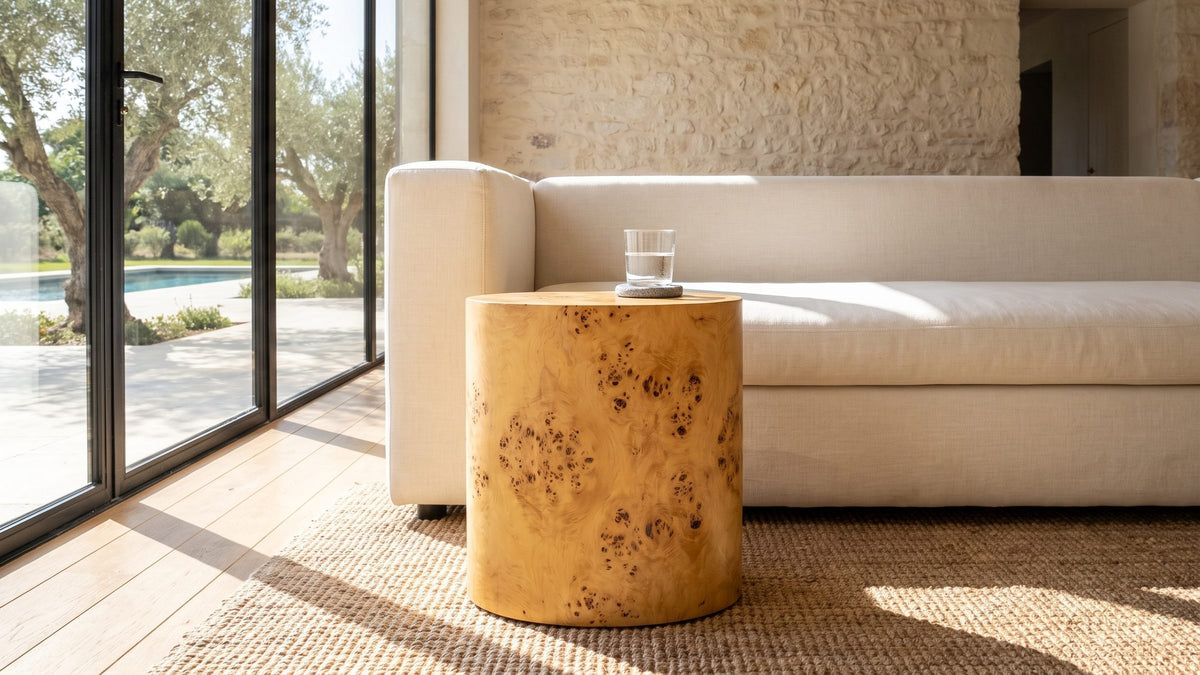Warm wood, quiet form. - Scapoli Burl Veneer Oval Pillar Side Table