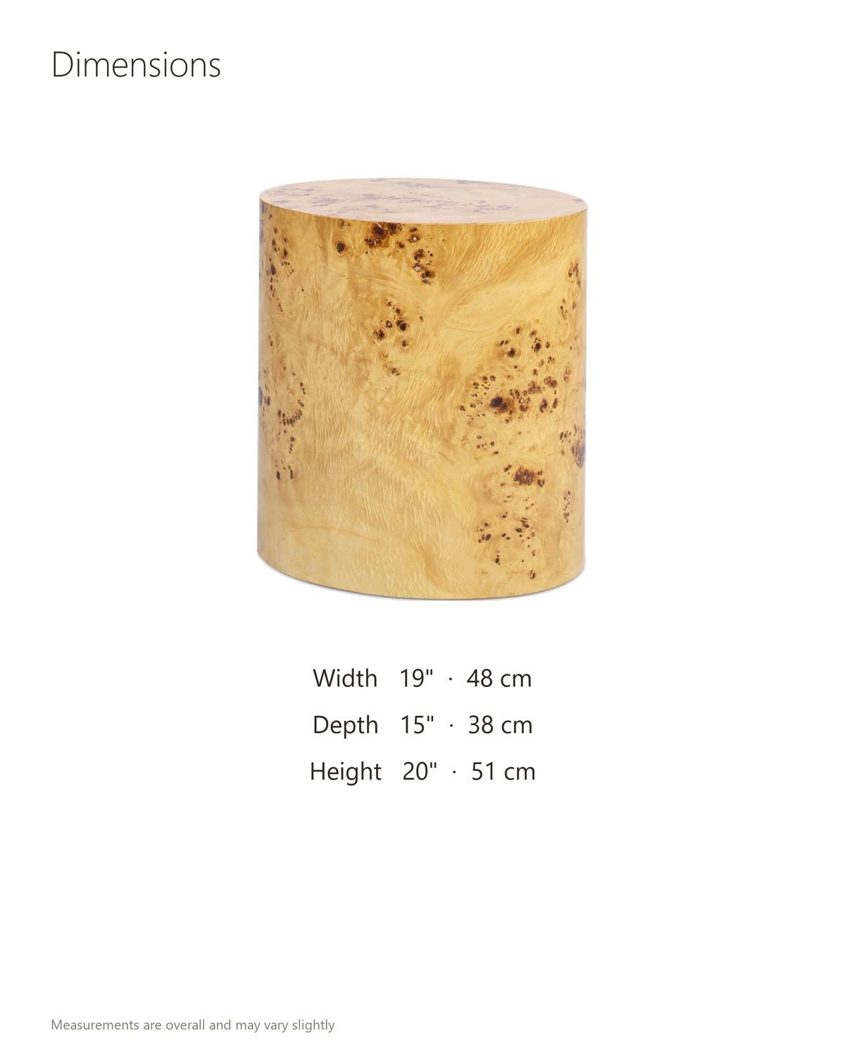Scapoli Burl Veneer Oval Pillar Side Table dimensions: 19 in wide, 15 in deep, 20 in high