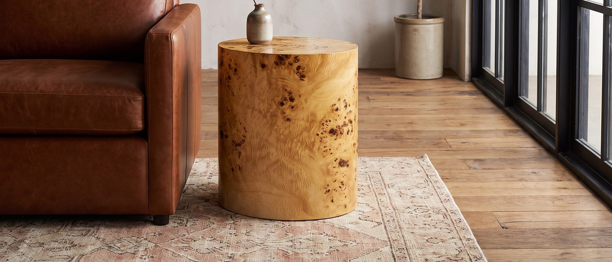 Scapoli Burl Veneer Oval Pillar Side Table in the room
