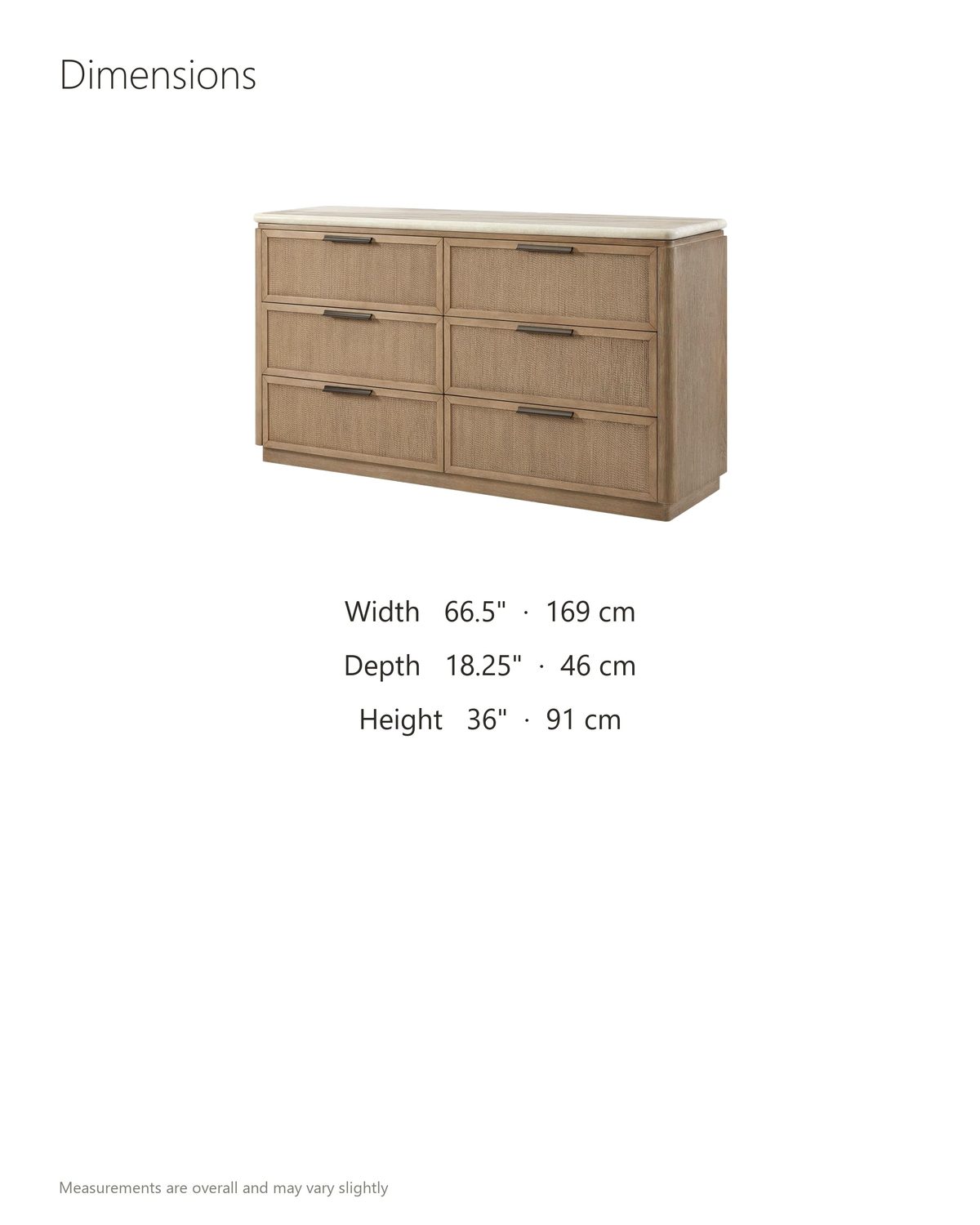 Schio 66.5-Inch Toffee 6-Drawer Dresser dimensions: 66.5 in wide, 18.25 in deep, 36 in high