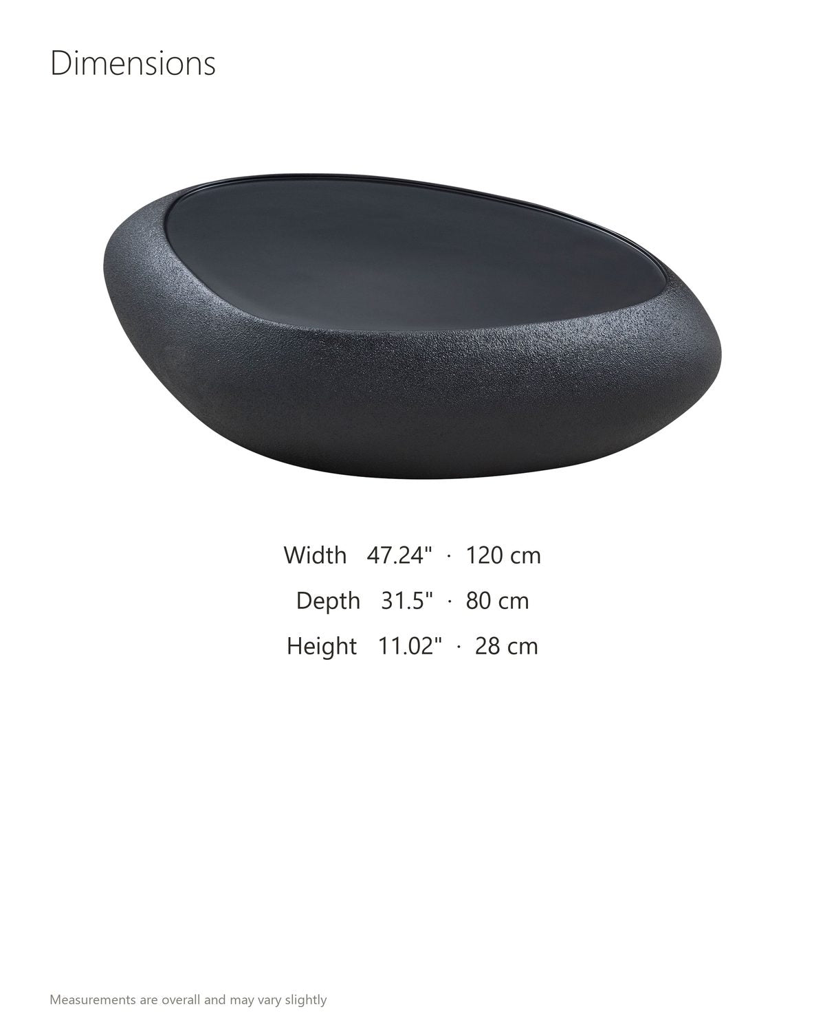 Scicli Black Fiberglass Pebble Coffee Table dimensions: 47.24 in wide, 31.5 in deep, 11.02 in high