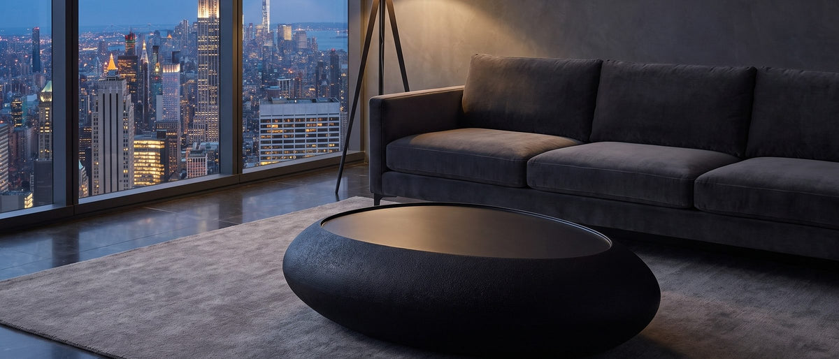 Scicli Black Fiberglass Pebble Coffee Table in the room
