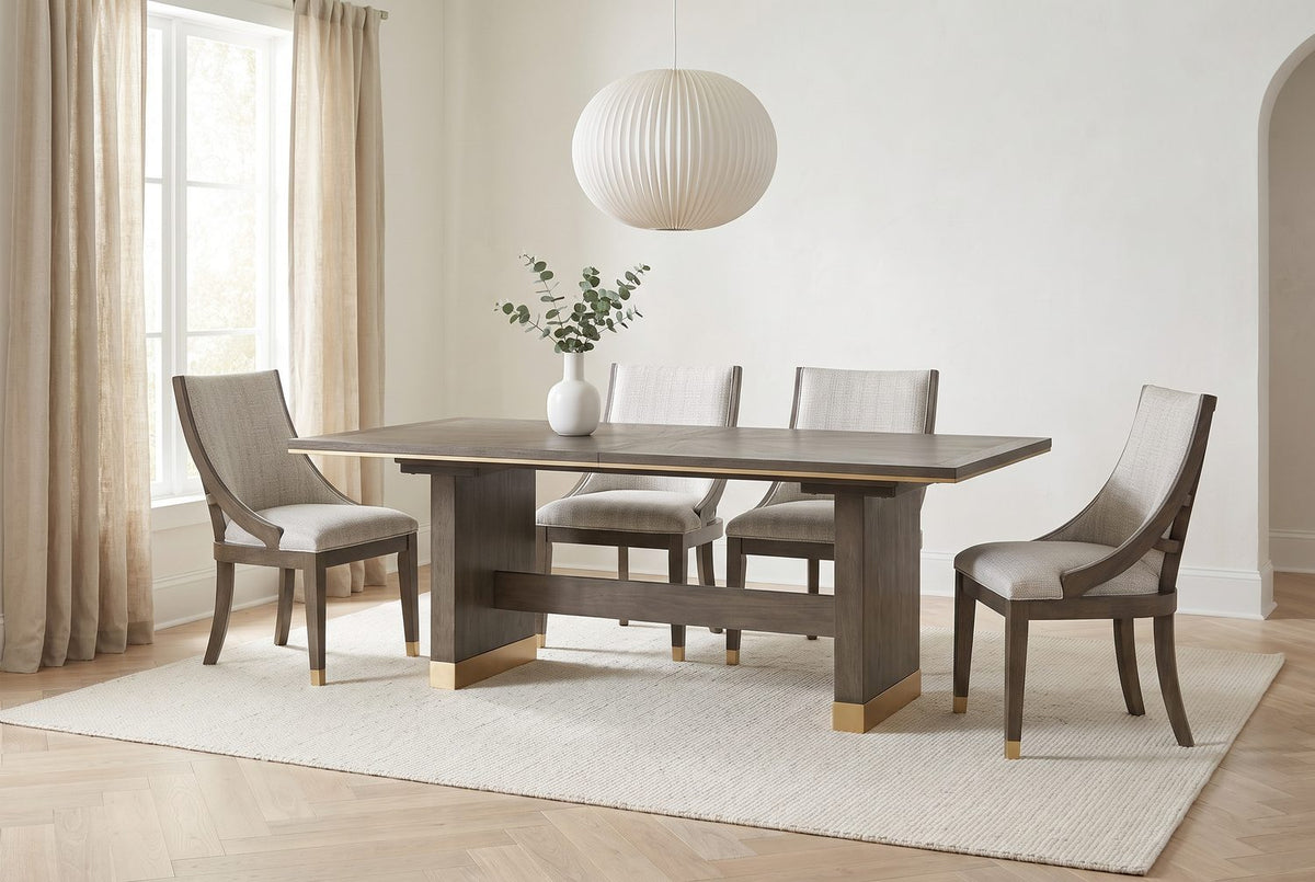 Greige, oak and gold. - Scilla 75.5 to 95.5-Inch Sunburst Oak Extending Dining Set with 4 Armchairs