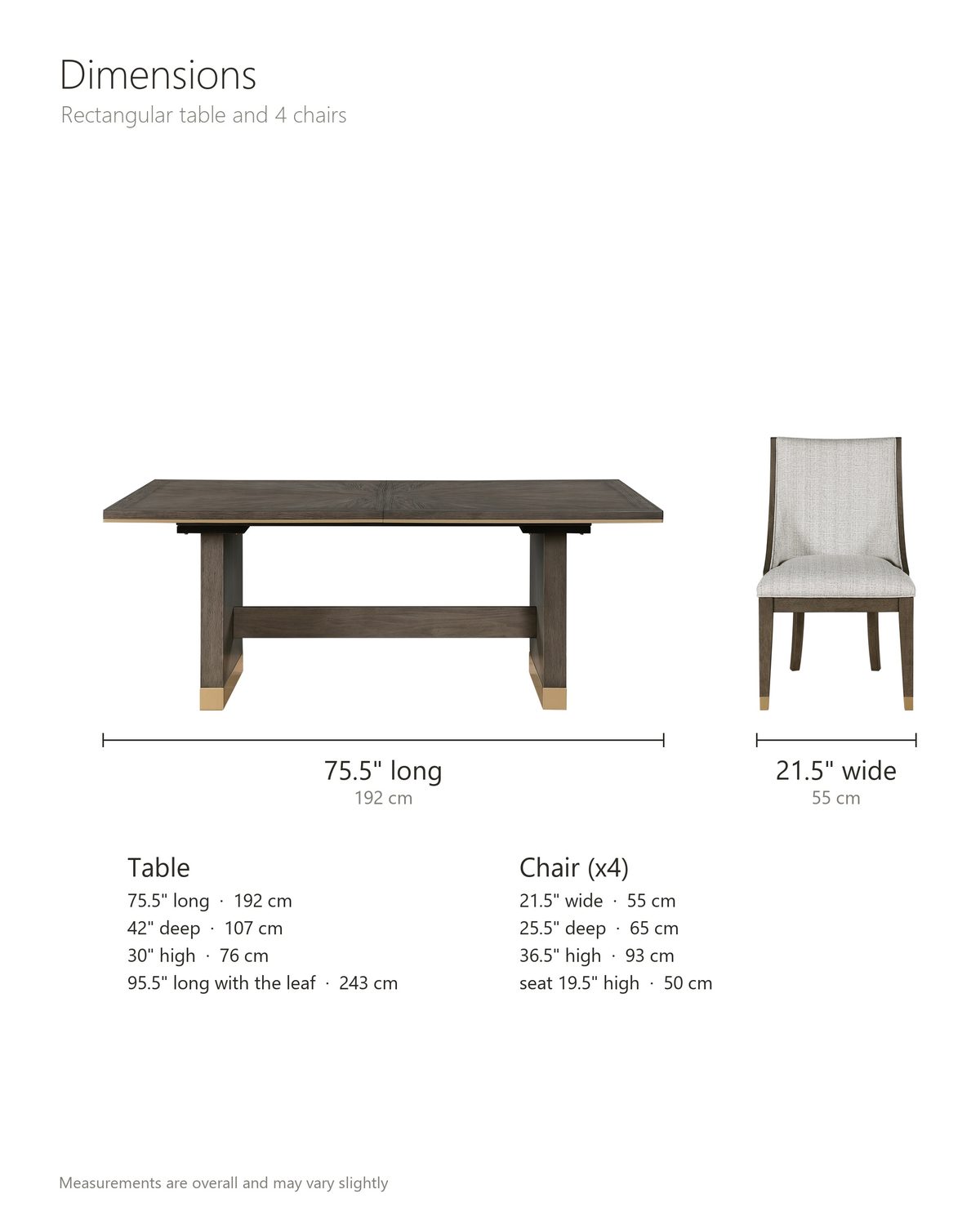 Scilla 75.5 to 95.5-Inch Sunburst Oak Extending Dining Set with 4 Armchairs dimensions: table 75.5 in long closed and 95.5 in long with the 20-in leaf, 42 in deep and 30 in high, 28.5 in clearance under the top; each armchair 21.5 in wide, 25.5 in deep and 36.5 in high, seat 19.5 in high