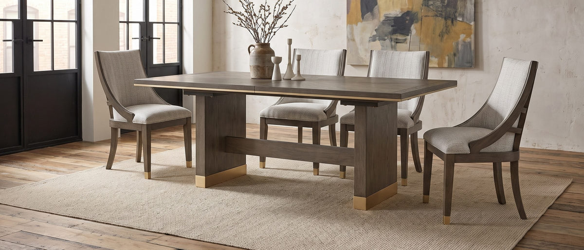 Scilla 75.5 to 95.5-Inch Sunburst Oak Extending Dining Set with 4 Armchairs in the room