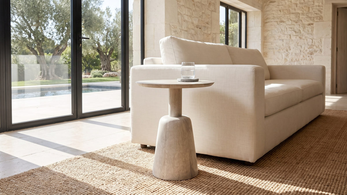 Pale wood, turned shapes. - Segesta Whitewashed Mango Pedestal Side Table