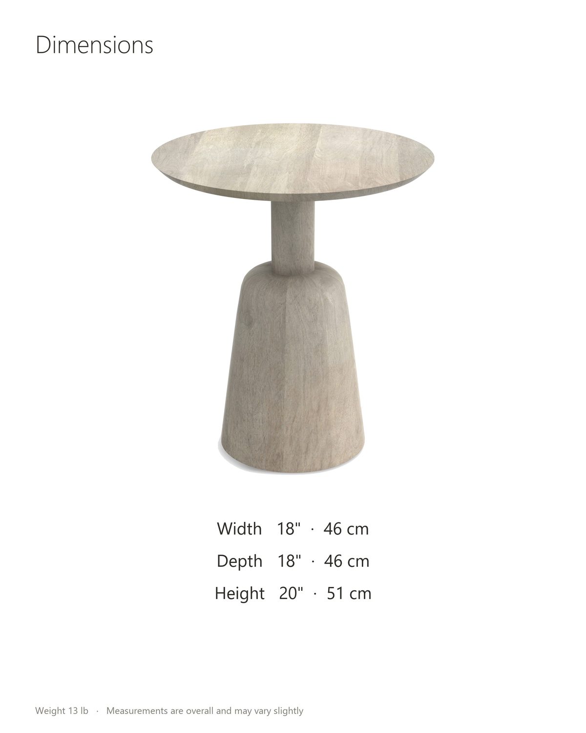 Segesta Whitewashed Mango Pedestal Side Table dimensions: 18 in wide, 18 in deep, 20 in high
