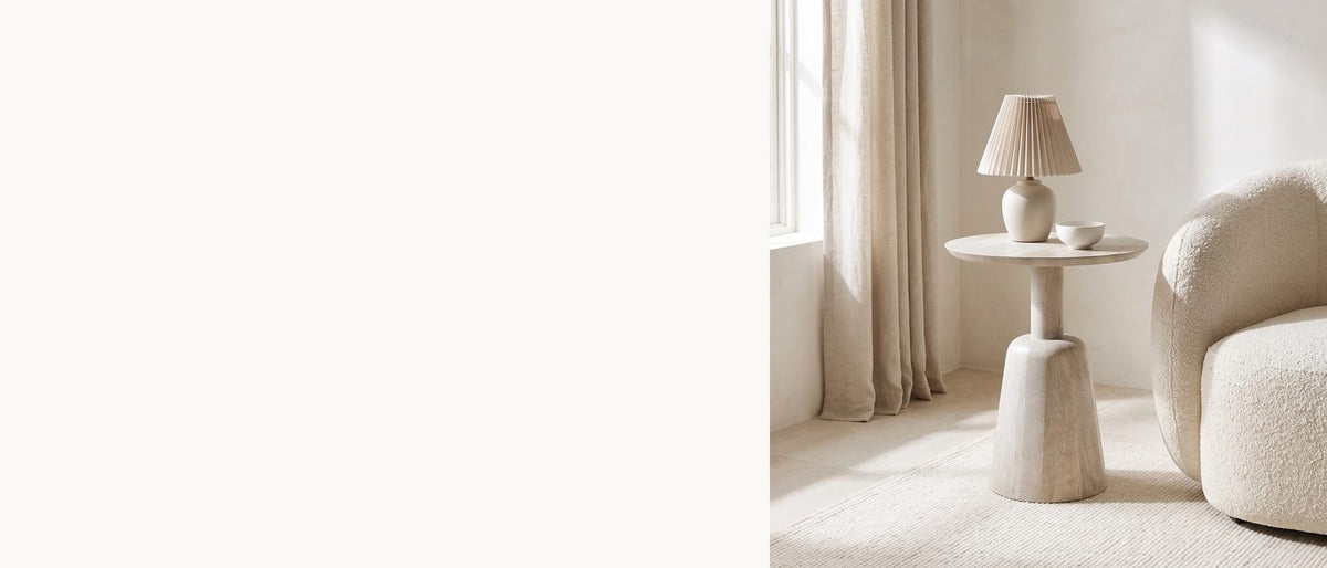 Round top, slim neck, pale cone. - Segesta Whitewashed Mango Pedestal Side Table