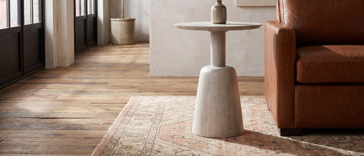 Segesta Whitewashed Mango Pedestal Side Table in the room