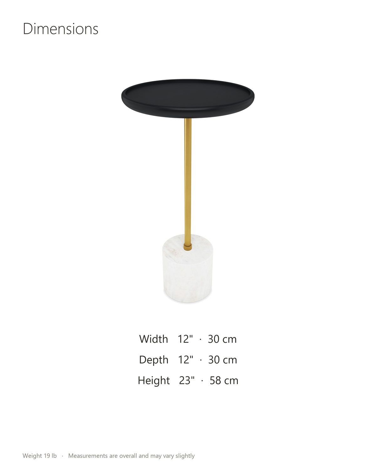 Seggiano Black Mango and Marble Drink Side Table dimensions: 12 in wide, 12 in deep, 23 in high