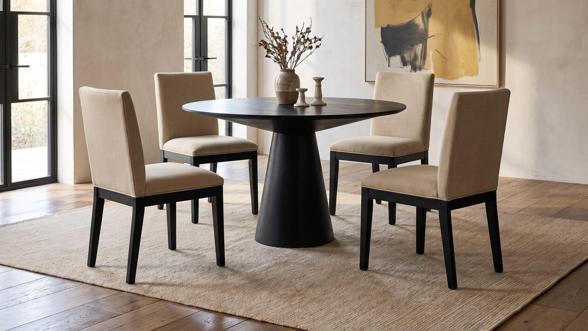 Ebony and beige. - Sellia 59-Inch Round Ebony Cone Pedestal Dining Set with 4 Chairs