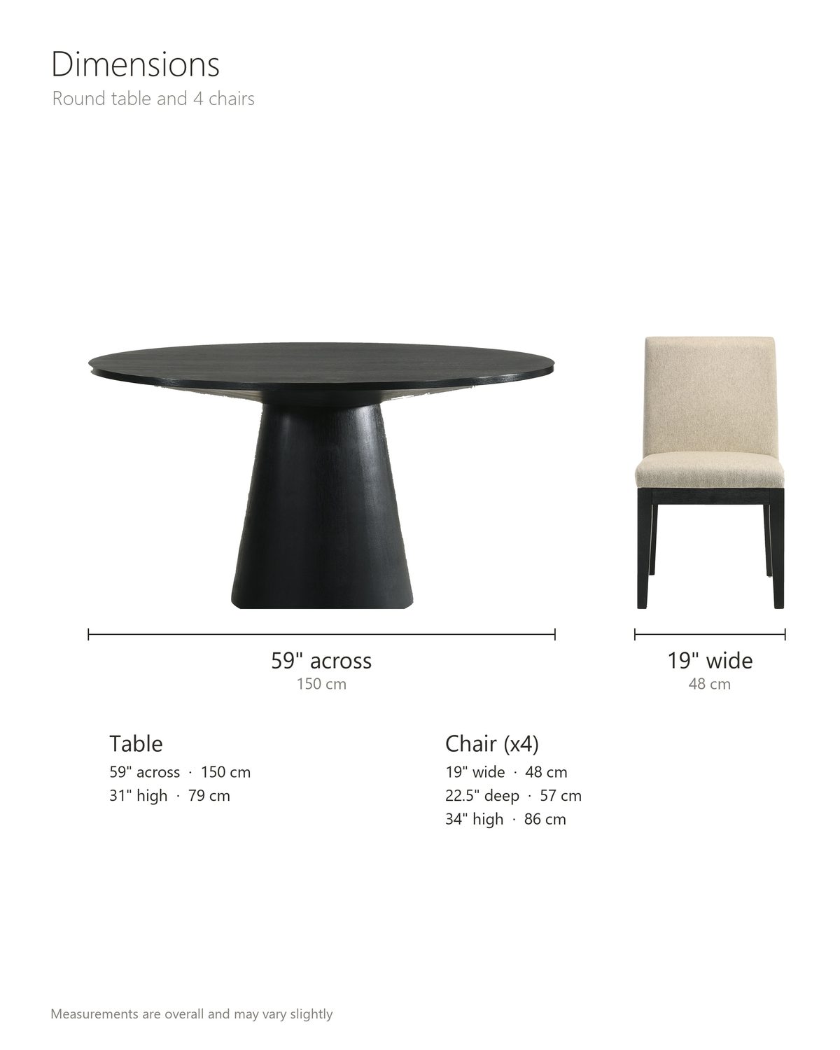 Sellia 59-Inch Round Ebony Cone Pedestal Dining Set with 4 Chairs dimensions: table 59 in across and 31 in high; each chair 19 in wide, 22.5 in deep and 34 in high