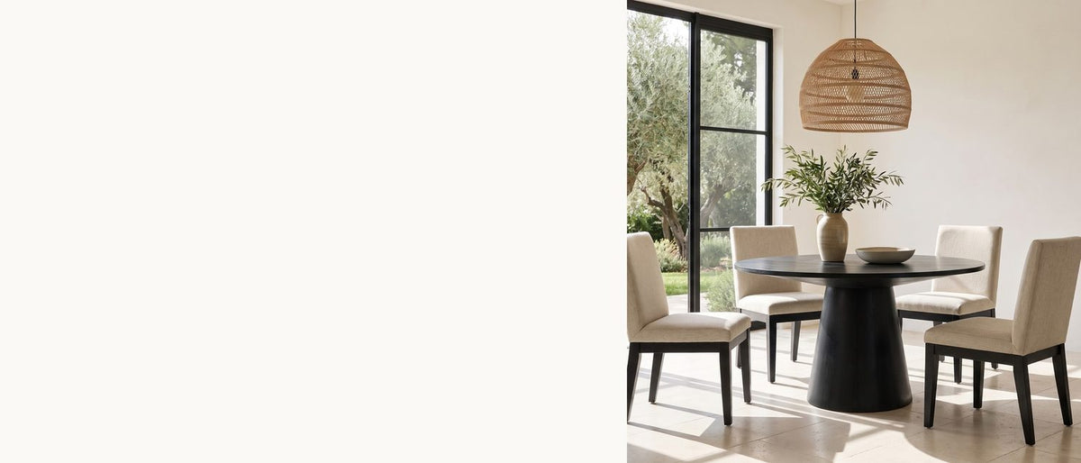 One ebony cone, four beige chairs. - Sellia 59-Inch Round Ebony Cone Pedestal Dining Set with 4 Chairs