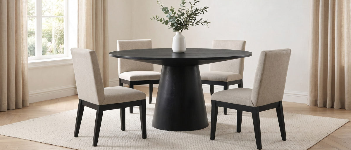Sellia 59-Inch Round Ebony Cone Pedestal Dining Set with 4 Chairs in the room