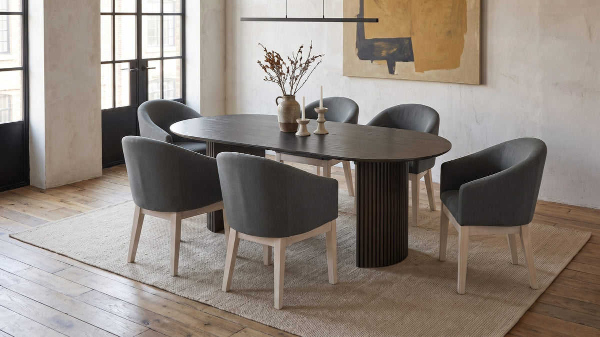 Charcoal oak, pale legs. - Seminara 80-Inch Oval Fluted Pedestal Dining Set with 6 Chairs