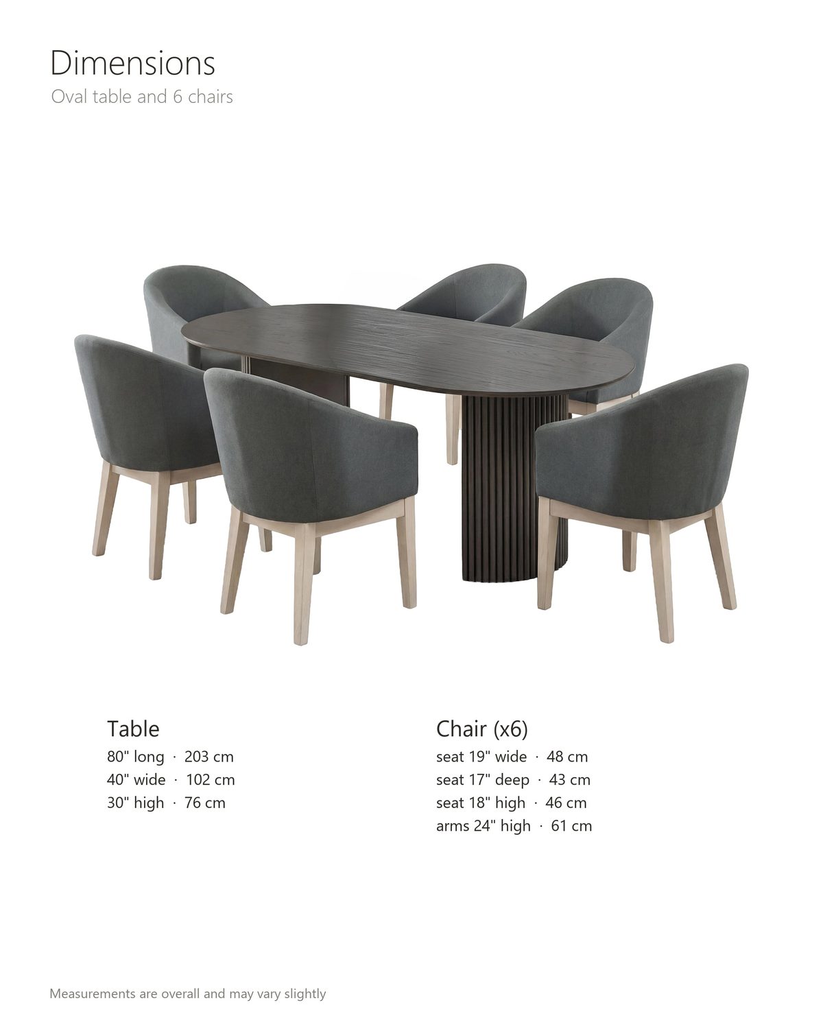 Seminara 80-Inch Oval Fluted Pedestal Dining Set with 6 Chairs dimensions: table 80 in long, 40 in wide and 30 in high; each chair seat 19 in wide, 17 in deep and 18 in high, arms 24 in high