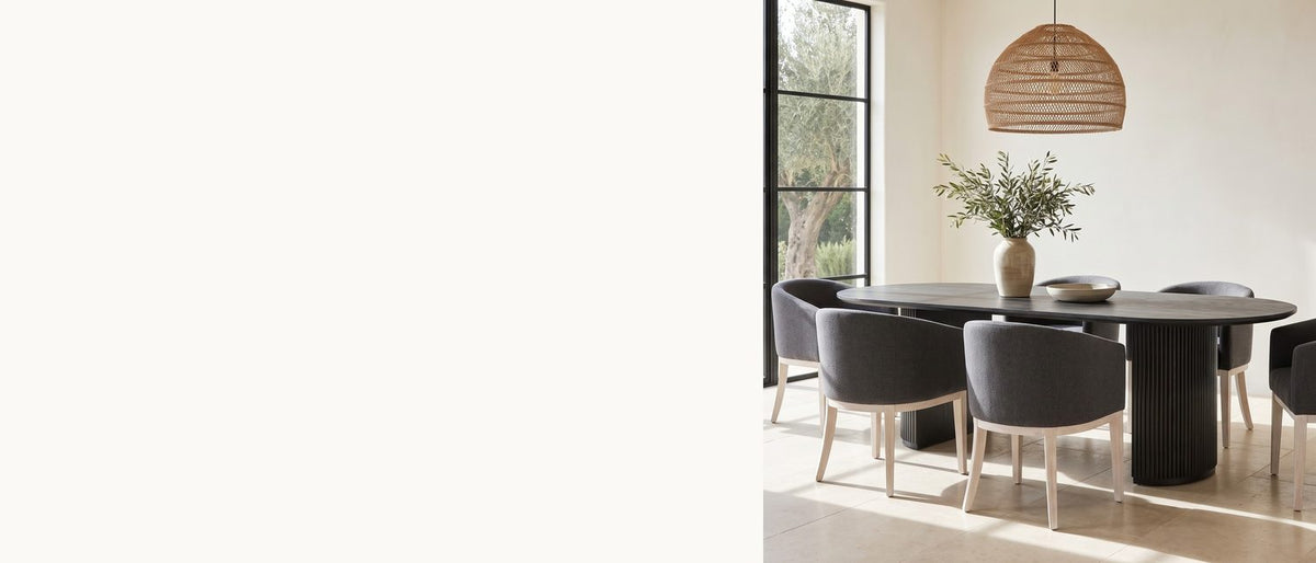 Two reeded halves, six barrel chairs. - Seminara 80-Inch Oval Fluted Pedestal Dining Set with 6 Chairs