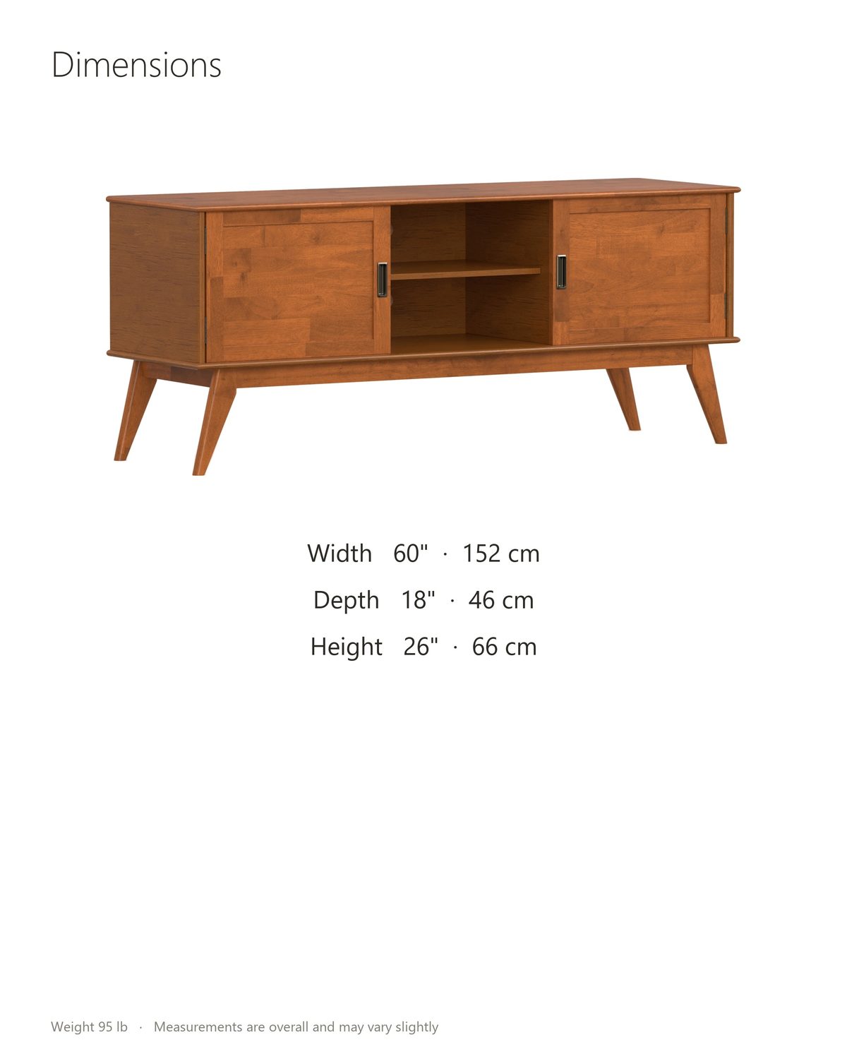 Senigallia Low Mid-Century Media Console dimensions: 60 in wide, 18 in deep, 26 in high