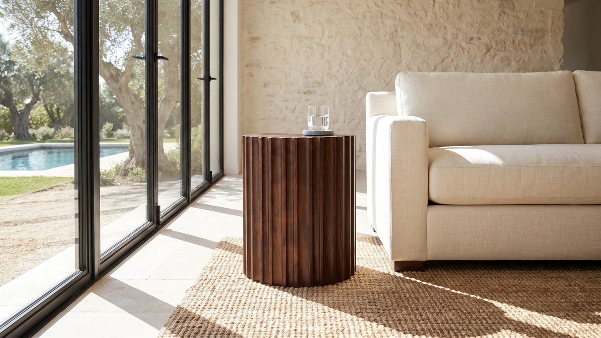 Dark wood, carved texture. - Senise Walnut Mango Fluted Drum Side Table