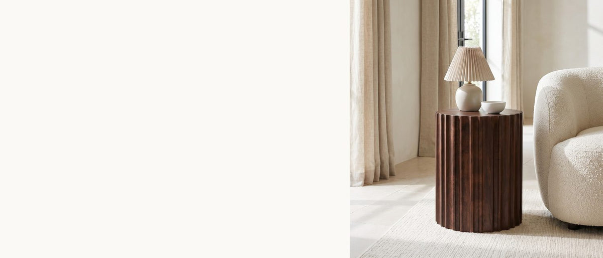 Walnut reeds, all the way round. - Senise Walnut Mango Fluted Drum Side Table