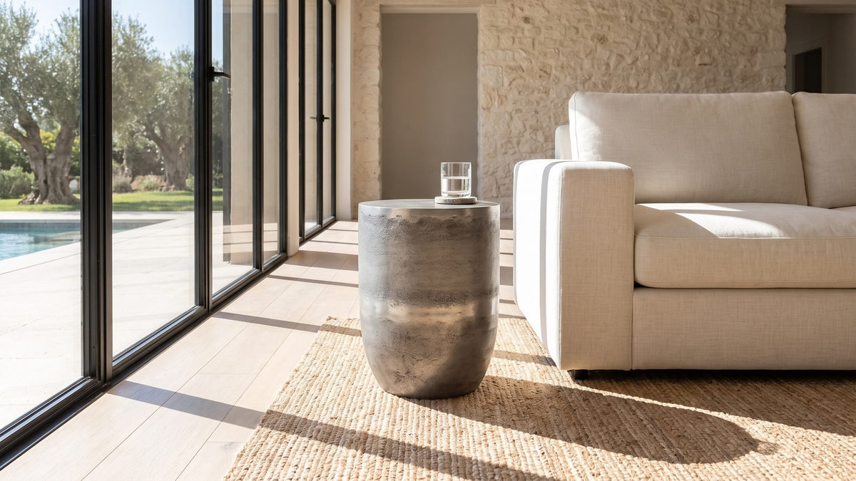 Cool metal, warm room. - Sepino Antique Silver Metal Drum Side Table