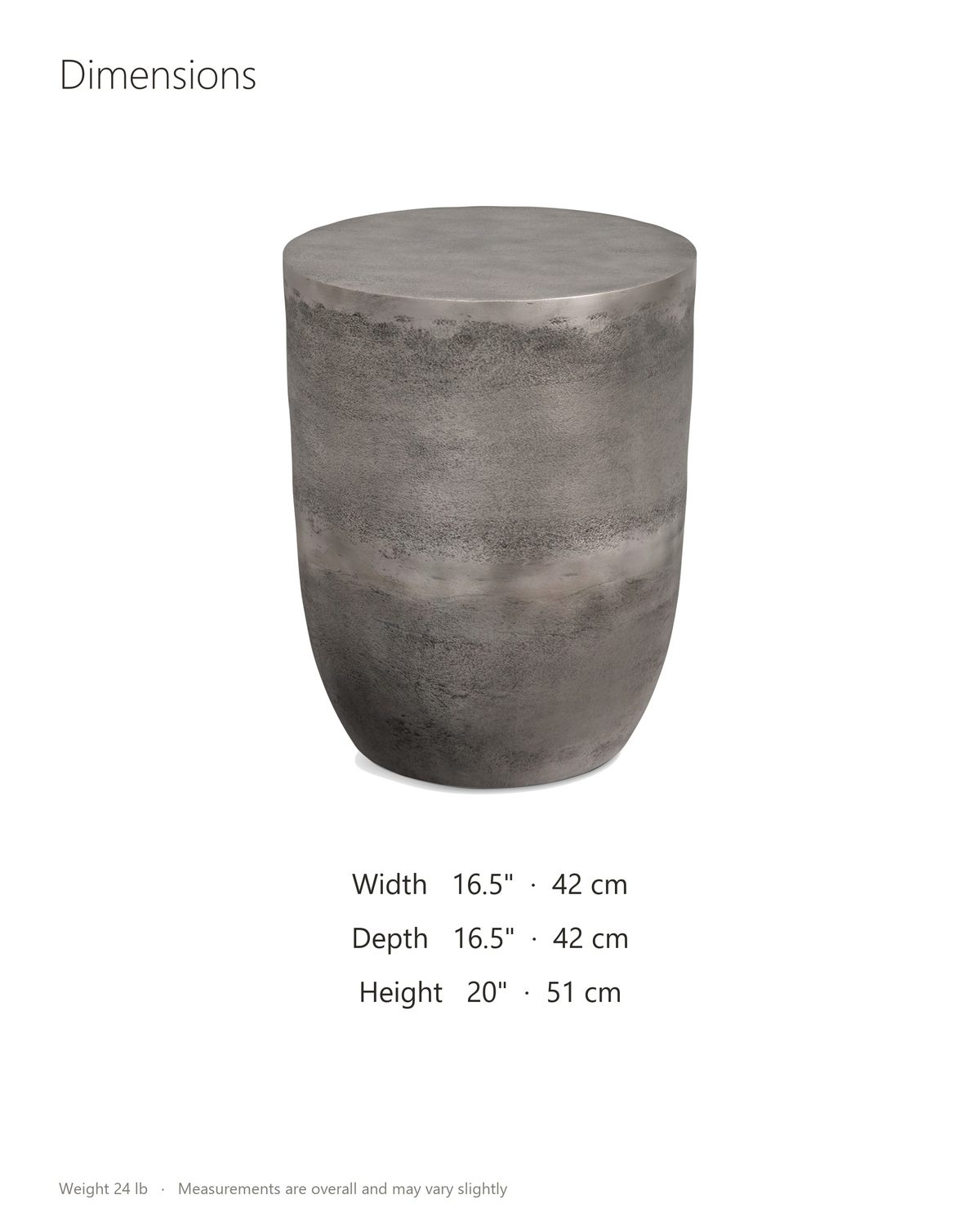 Sepino Antique Silver Metal Drum Side Table dimensions: 16.5 in wide, 16.5 in deep, 20 in high