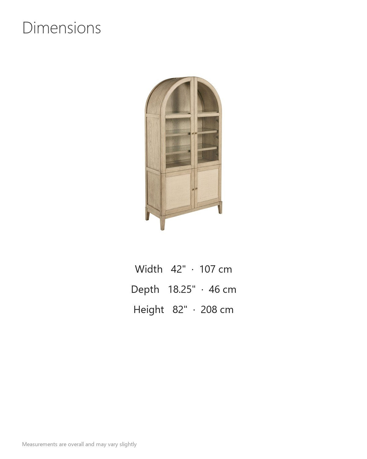 Serrastretta 42-Inch 4-Door Arched Oak Veneer Display Cabinet with Glass and Cane dimensions