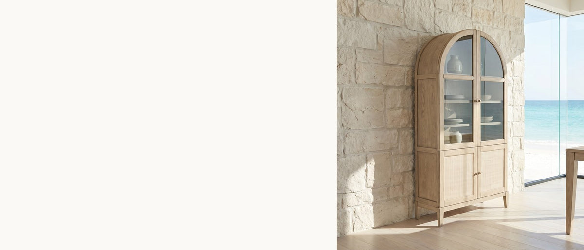 Your collection, beautifully lit. - Serrastretta 42-Inch 4-Door Arched Oak Veneer Display Cabinet with Glass and Cane