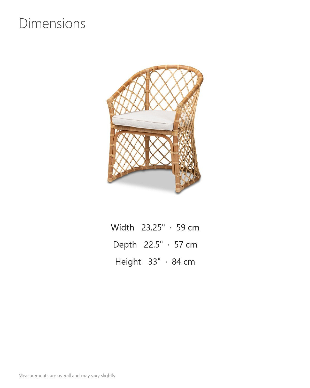 Sersale Natural Rattan Barrel-Back Dining Chair dimensions