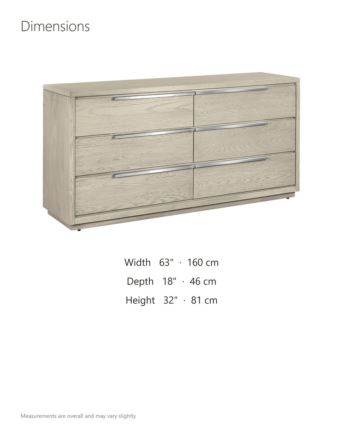 Sesto 63-Inch Gray Oak 6-Drawer Dresser dimensions: 63 in wide, 18 in deep, 32 in high