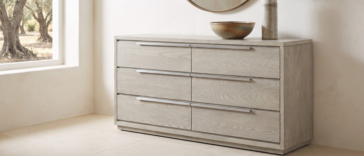 Sesto 63-Inch Gray Oak 6-Drawer Dresser in the room