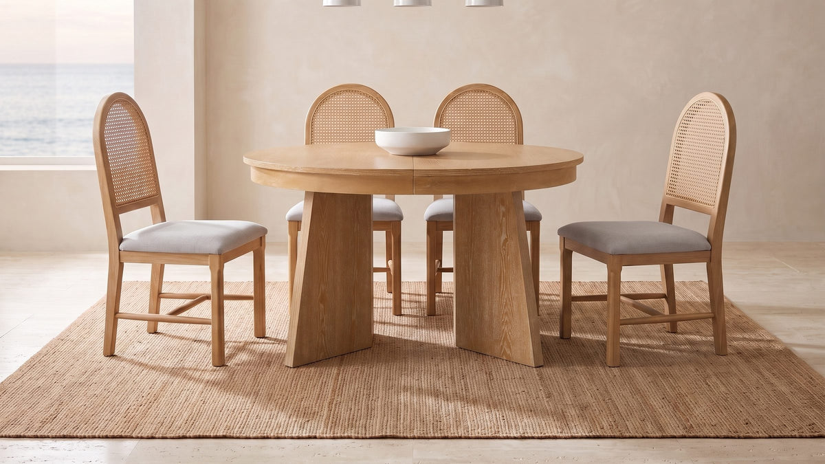 Limed oak, woven backs. - Siderno 42-Inch Extending Round Dining Set with 4 Chairs