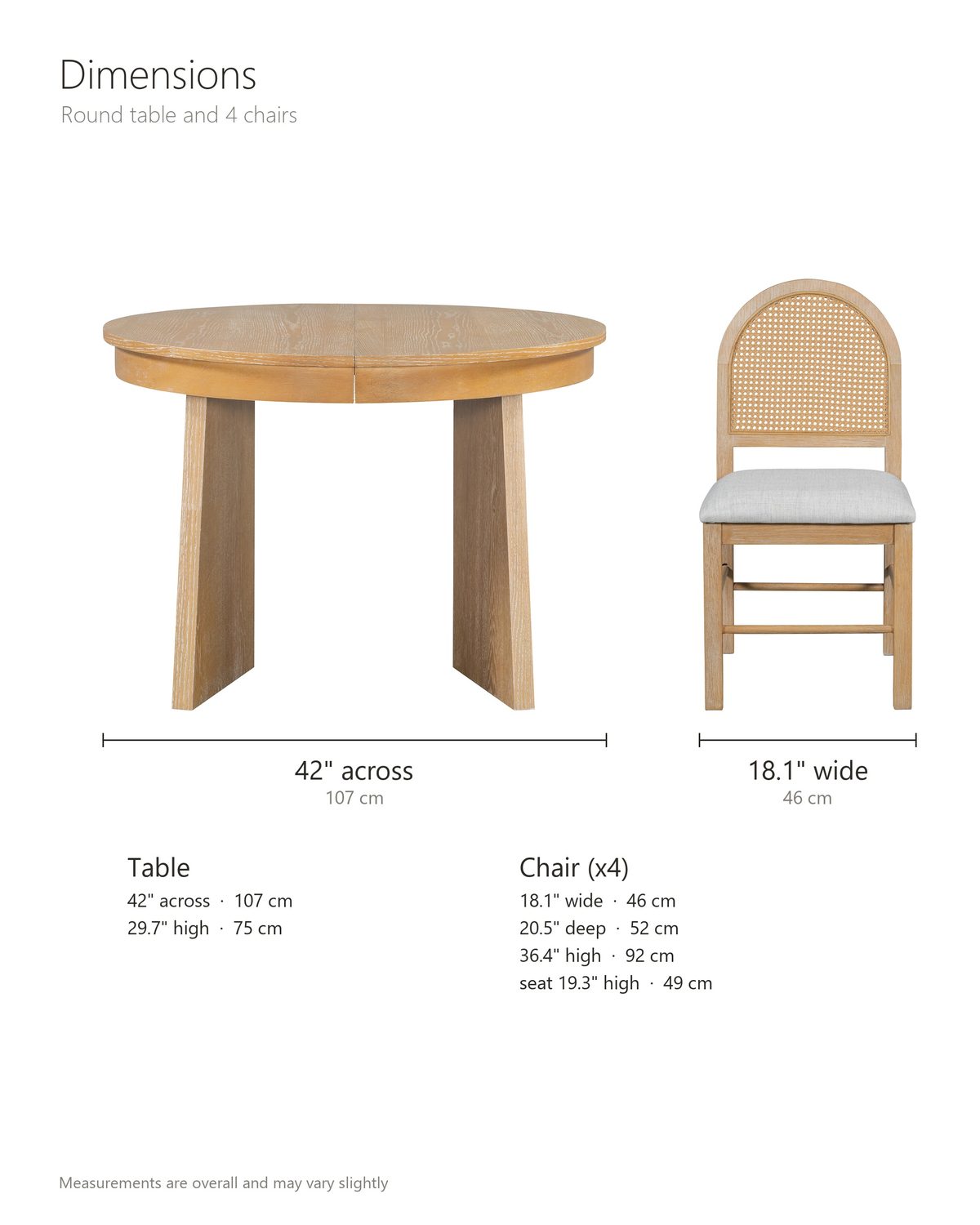 Siderno 42-Inch Extending Round Dining Set with 4 Chairs dimensions: table 42 in across and 29.7 in high, 58 in long with the 16 in leaf; each chair 18.1 in wide, 20.5 in deep and 36.4 in high, seat 19.3 in high