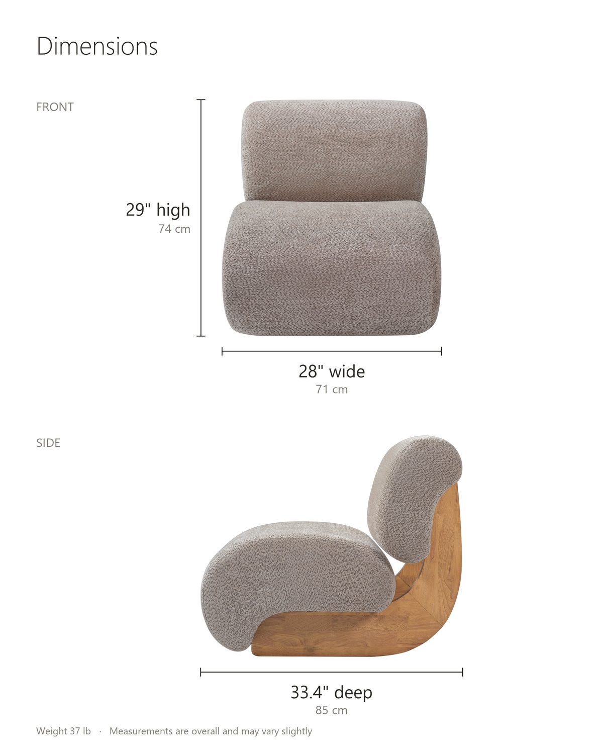 Siena Curved Slipper Chair dimensions: 28 in wide, 33.4 in deep, 29 in high