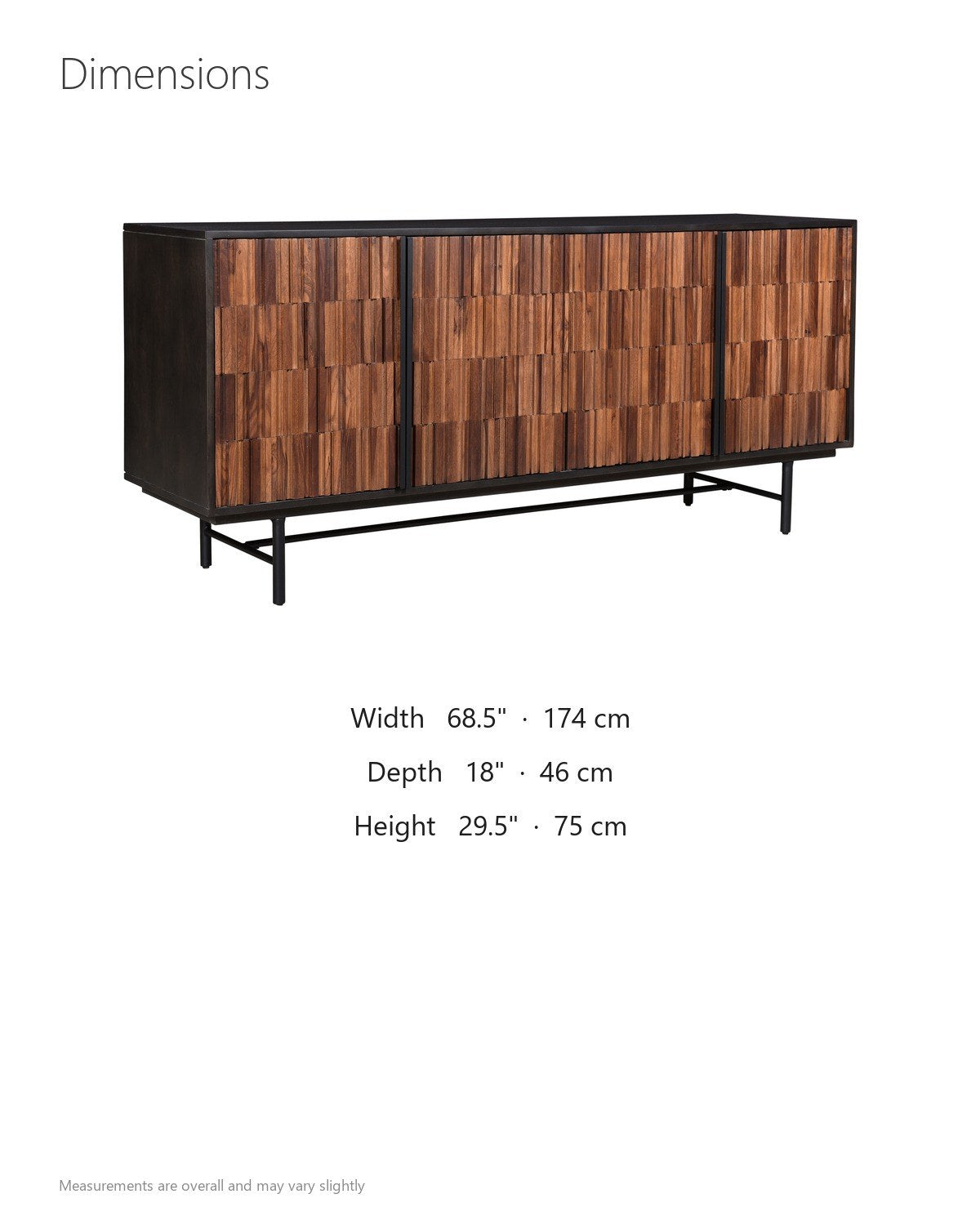 Simeri 68.5-Inch 4-Door Solid Sheesham and Mango Wood Sideboard with Iron Base dimensions